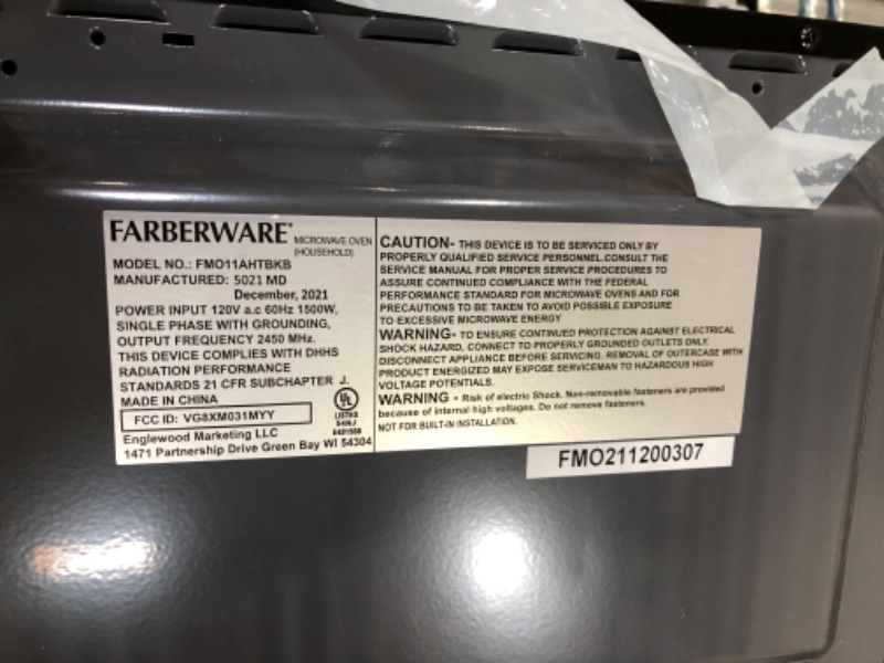 Photo 4 of **PARTS ONLY**
Farberware Countertop Microwave 1.1 Cu. Ft. 1000-Watt Compact Microwave Oven with LED lighting, Child lock, and Easy Clean Interior, Stainless Steel Interior & Exterior
