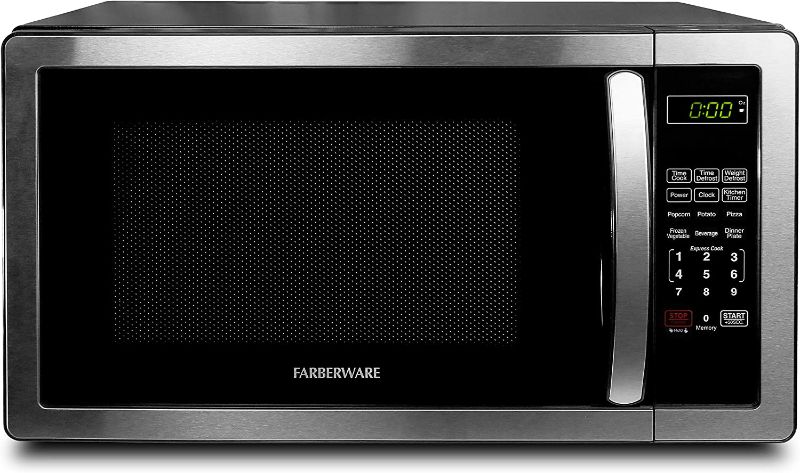 Photo 1 of **PARTS ONLY**
Farberware Countertop Microwave 1.1 Cu. Ft. 1000-Watt Compact Microwave Oven with LED lighting, Child lock, and Easy Clean Interior, Stainless Steel Interior & Exterior
