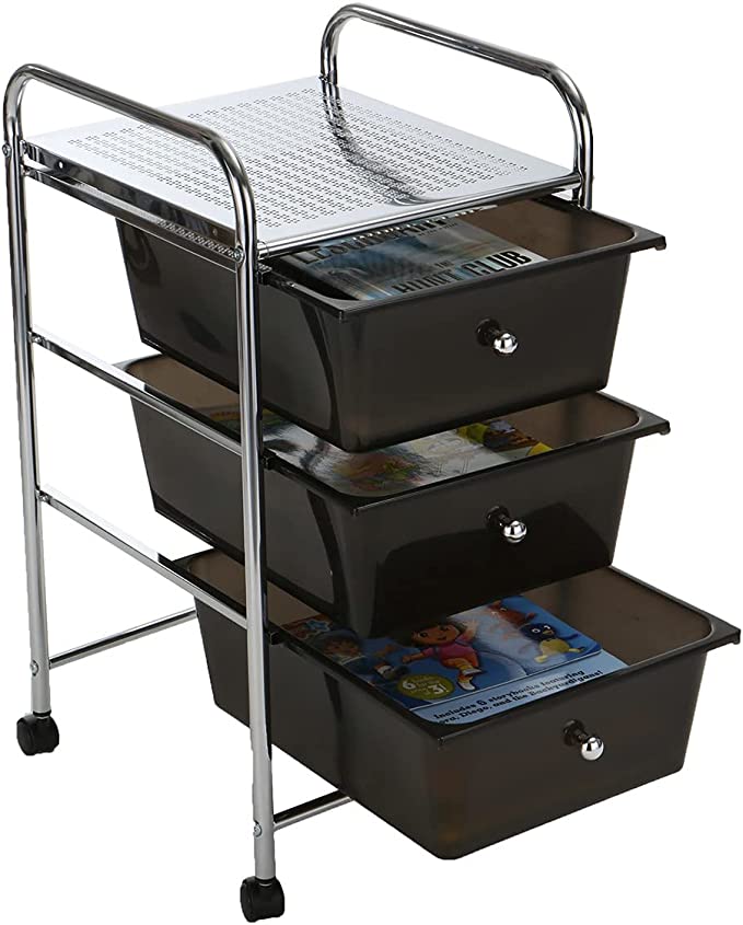 Photo 1 of Mind Reader 3 Drawer Rolling Storage Cart and Organizer, Silver with Black Drawers
