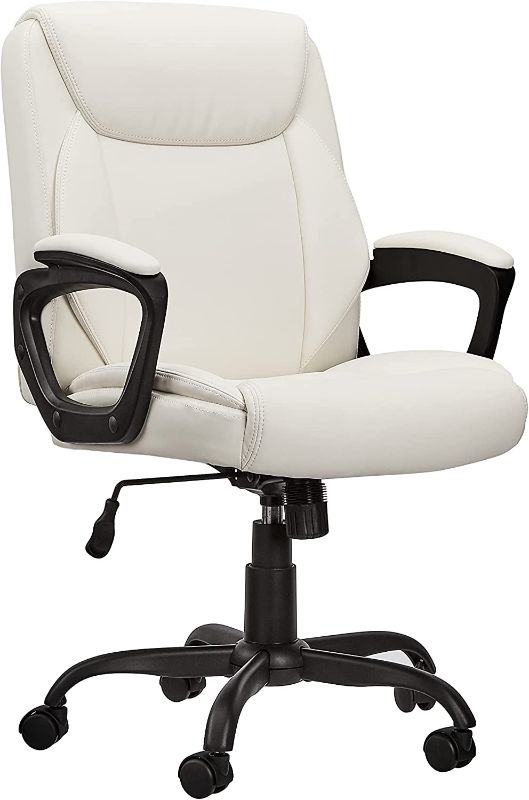 Photo 1 of ** MISSING HARDWARE **
** SEE LAST IMAGE FOR DAMAGE **
 Amazon Basics Classic Puresoft Padded Mid-Back Office Computer Desk Chair with Armrest - Cream
26"D x 23.75"W x 42"H
