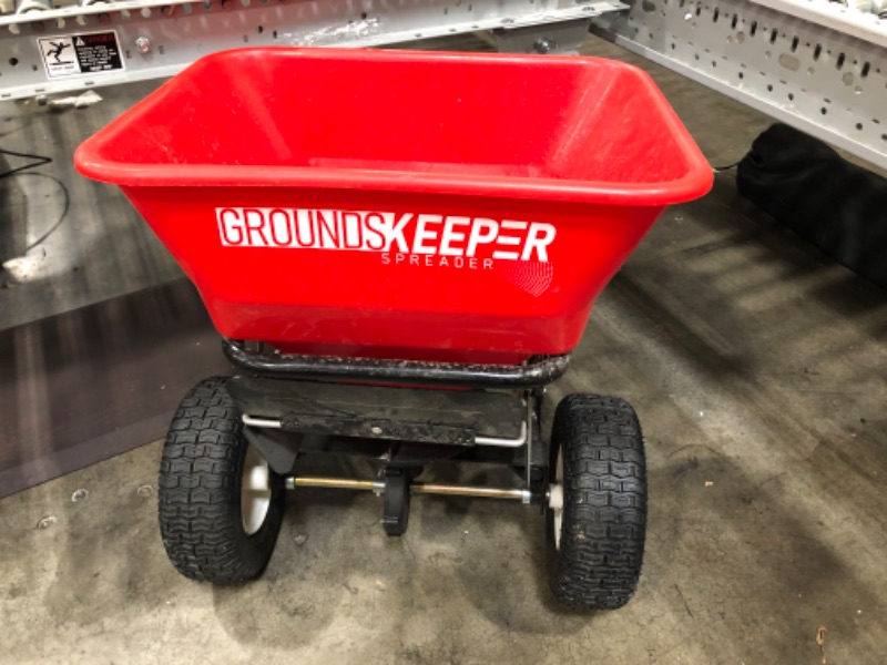 Photo 2 of ** ONLY HAS WHAT IS SHOWEN IN THE PHOTO**
 Buyers Products Walk Behind Push Snow Rock Salt Spreader 3039632R Grounds Keeper, 100 Pound Capacity, Red
20 x 24 x 32 inches
