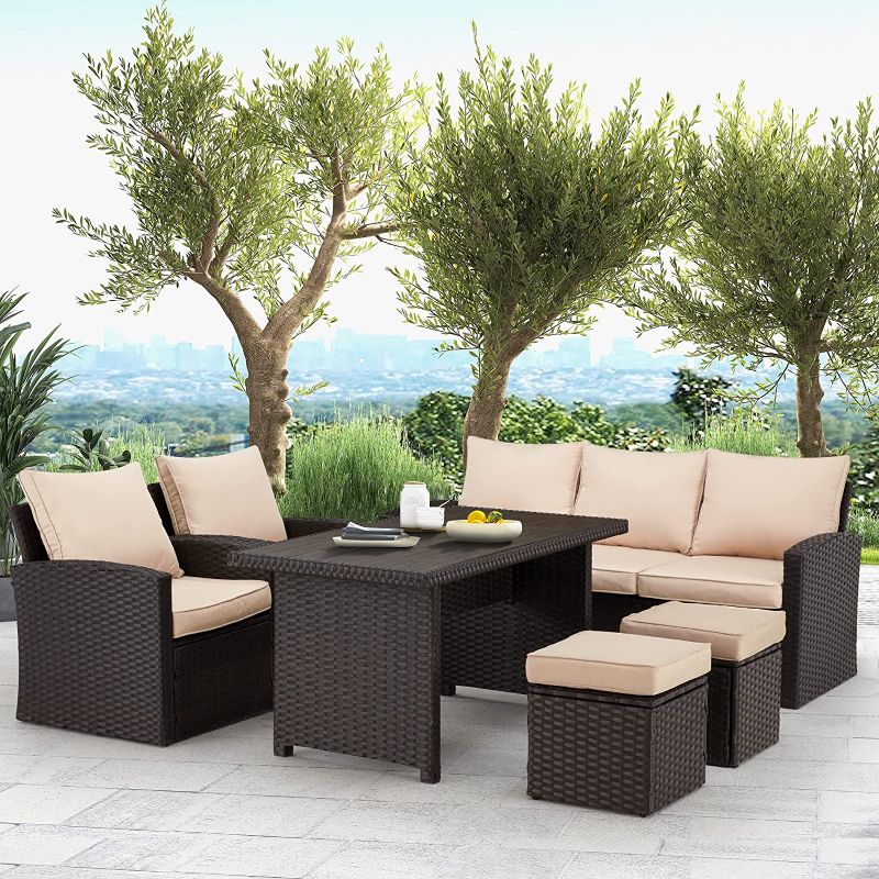 Photo 1 of ***INCOMPLETE*** HOMREST 6 Pieces Patio Furniture Sets Clearance, Patio Dining Sofa Set Outdoor Sectional Sofa Conversation Set All Weather Wicker Rattan Couch Dining Table & Chair (Beige) (BOX 4 OF 4 MISSING OTHER 3 BOXES)
