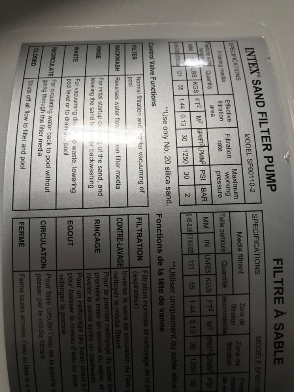 Photo 4 of **PARTS ONLY**
INTEX 26651EG SX3000 Krystal Clear Sand Filter Pump for Above Ground Pools, 16in