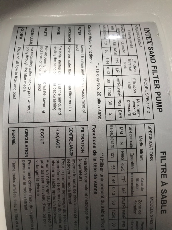 Photo 3 of **PARTS ONLY**
INTEX 26651EG SX3000 Krystal Clear Sand Filter Pump for Above Ground Pools, 16in