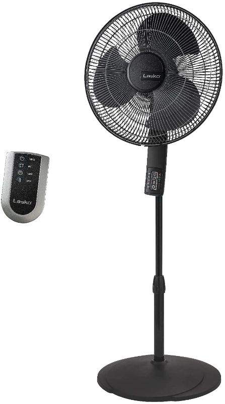 Photo 1 of Lasko S16612 Oscillating 16? Adjustable Pedestal Stand Fan with Timer, Thermostat and Remote for Indoor, Bedroom, Living Room, Home Office & College Dorm Use, 16 Inch, Black 16612
