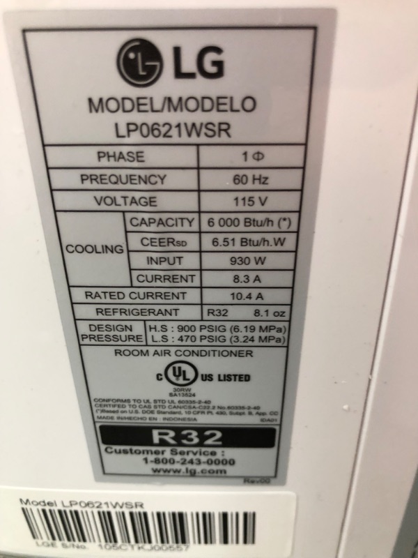 Photo 6 of LG 6,000 BTU (DOE) / 8,000 BTU (ASHRAE) Portable Air Conditioner, Cools 250 Sq.Ft. (10' x 25' room size), Quiet Operation, LCD Remote, Window Installation Kit Included, 115V