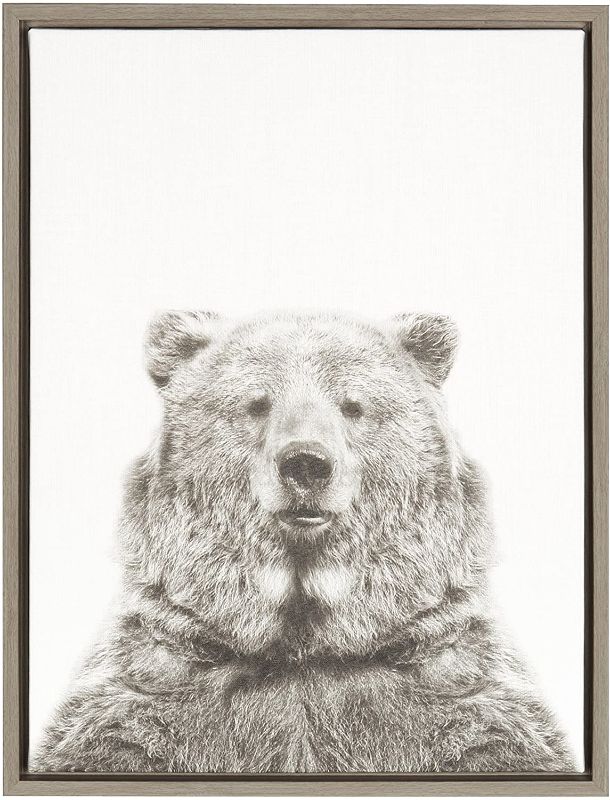 Photo 1 of **DAMAGED**Kate and Laurel Sylvie Bear Animal Print Black and White Portrait Framed Canvas Wall Art by Simon Te Tai, 18x24 Gray
