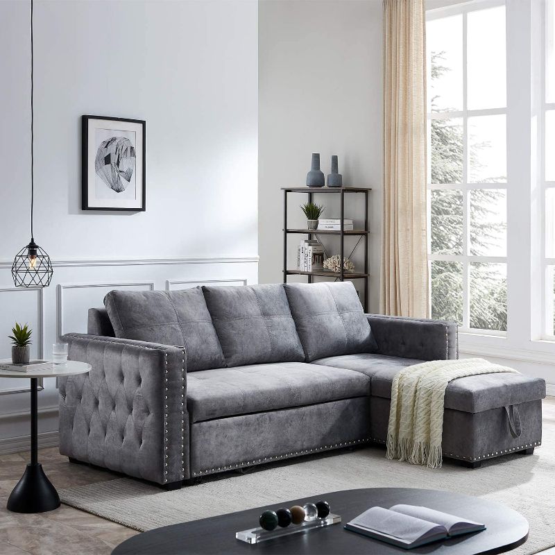 Photo 1 of **incomplete side arms only*** Morden Fort Velvet Reversible Sleeper Sectional Sofa L-Shape 3 Seat Sectional Couch with Storage-Gray
