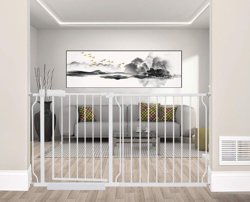 Photo 1 of ALLAIBB Extra Wide Pressure Mounted Baby Gate Walk Through Child Kids Safety Toddler Tension White Long Large Pet Dog Gates with Extension for doorways Kitchen and Living Room (57.48-62.20"/146-158cm)
