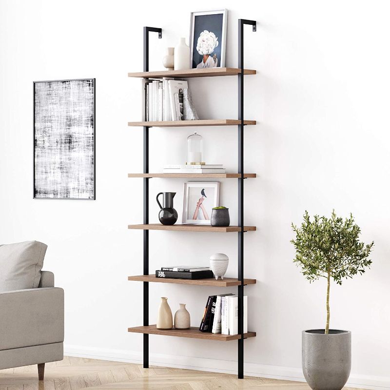 Photo 1 of **SIMILAR TO STOCK PHOTO* MISSING HARDWARE* Nathan James Theo 6-Shelf Tall Bookcase, Wall Mount Bookshelf with Reclaimed Wood and Industrial Metal Frame, Oak/Black
