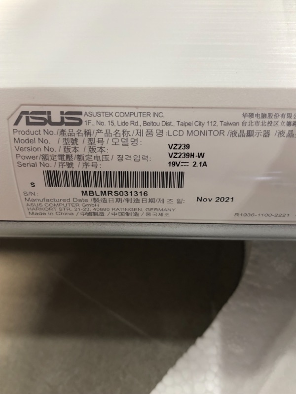 Photo 3 of ASUS VZ239H-W 23” Full HD 1080p IPS HDMI VGA Eye Care Monitor (White)
