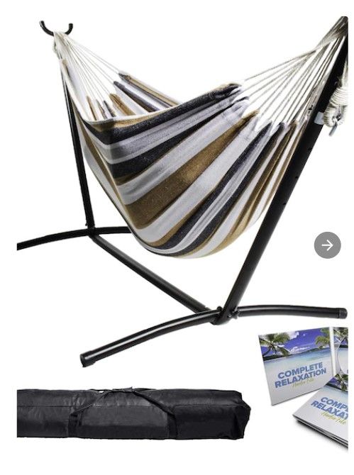 Photo 1 of ***INCOMPLETE, MISSING HARDWARE*** Backyard Expressions White, Brown and Black Fabric Hammock with Stand
