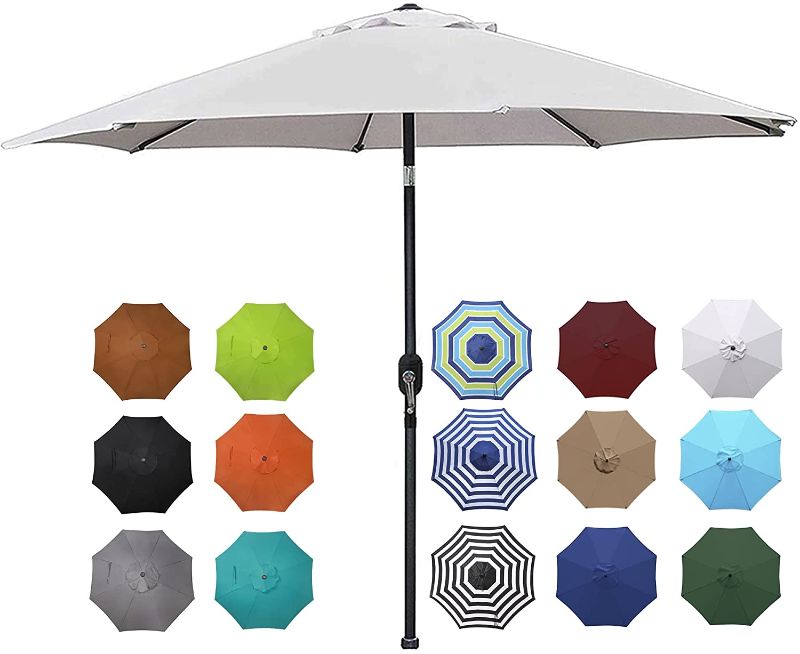 Photo 1 of ***FACTORY WRAPPED*** Blissun 9' Outdoor Aluminum Patio Umbrella, Striped Patio Umbrella, Market Striped Umbrella with Push Button Tilt and Crank (Grey)
