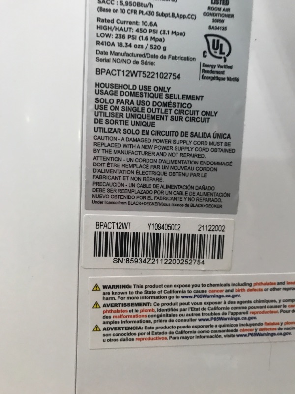 Photo 5 of ***DAMAGE SHOWN IN PICTURE** BLACK+DECKER 6,500 BTU DOE (12,000 BTU ASHRAE) Portable Air Conditioner with Remote Control, White
