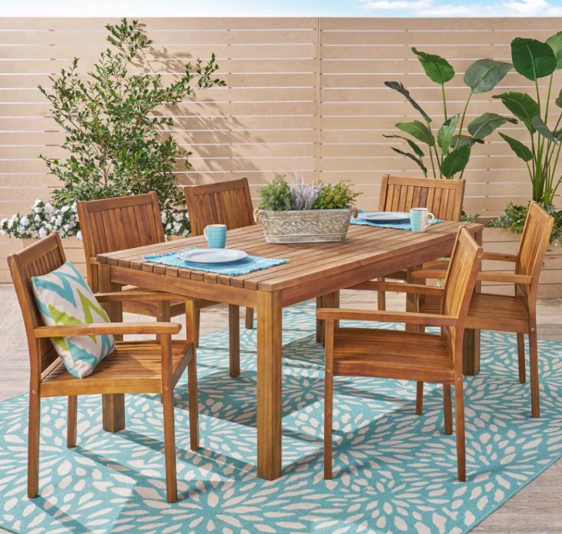 Photo 1 of ***INCOMPLETE SET, 2PC CHAIRS ONLY**** Outdoor 7 Piece Acacia Dining Set, Teak Finish - NH434503
