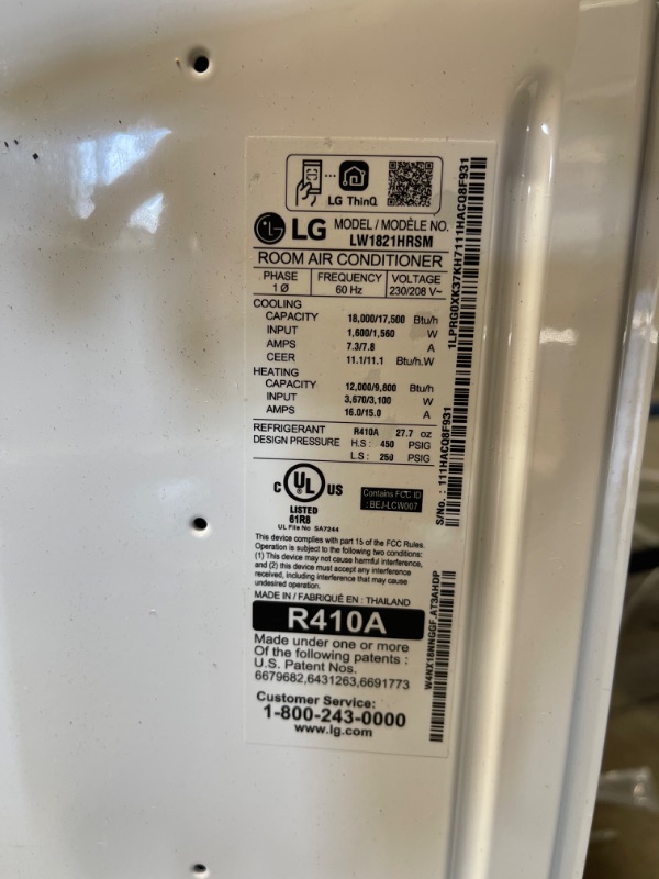 Photo 3 of ***INCOMPLETE, MISSING HARDWARE, HARDWARE LOOSE IN BOX, UNABLE TO TEST*** LG Electronics LG 18,000 BTU Heat and Cool Window Air Conditioner with WiFi Controls, LW1821HRSM, 16.840, White
