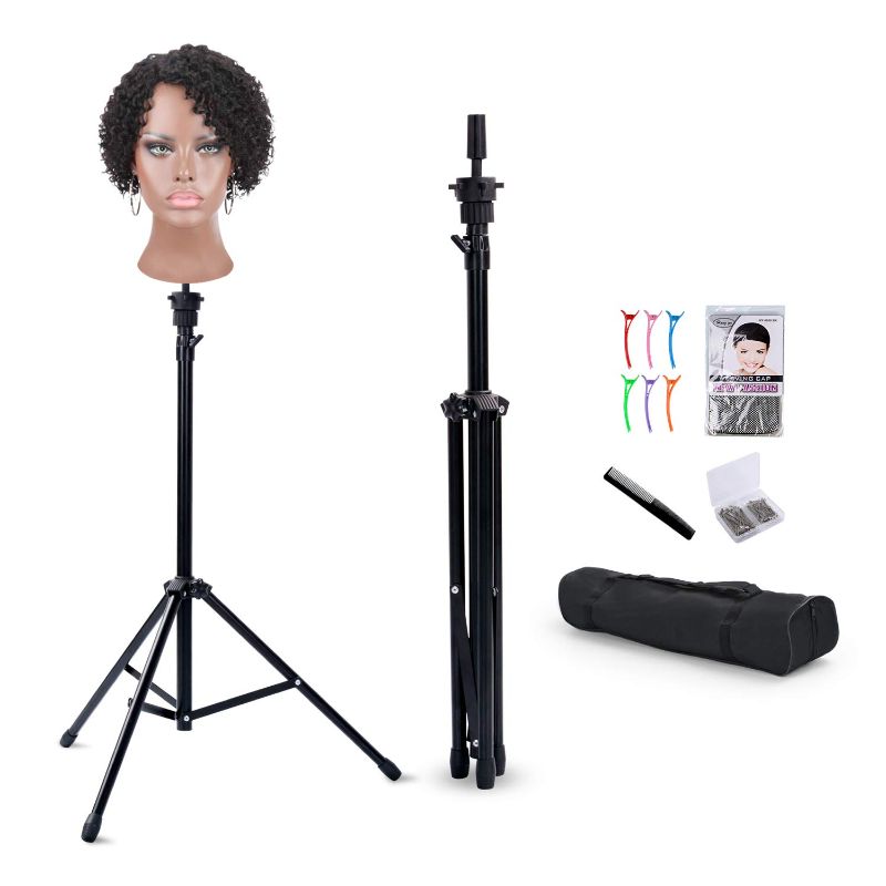 Photo 1 of ***INCOMPLETE*** Klvied Reinforced Wig Stand Tripod Mannequin Head Stand, Adjustable Wig Head Stand Holder for Cosmetology Hairdressing Training with T-with Wig Caps, T-Pins, Comb, Hair Clip, Carrying Bag
