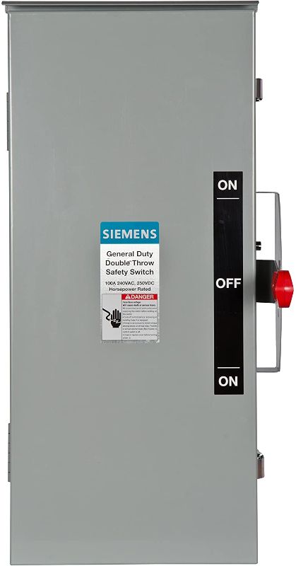 Photo 1 of **MISSING SPRINGS**
Siemens DTGNF223R 100-Amp, 2 Pole, 240-volt, 2W Non-Fused General Duty, Double Throw, Type 3R
