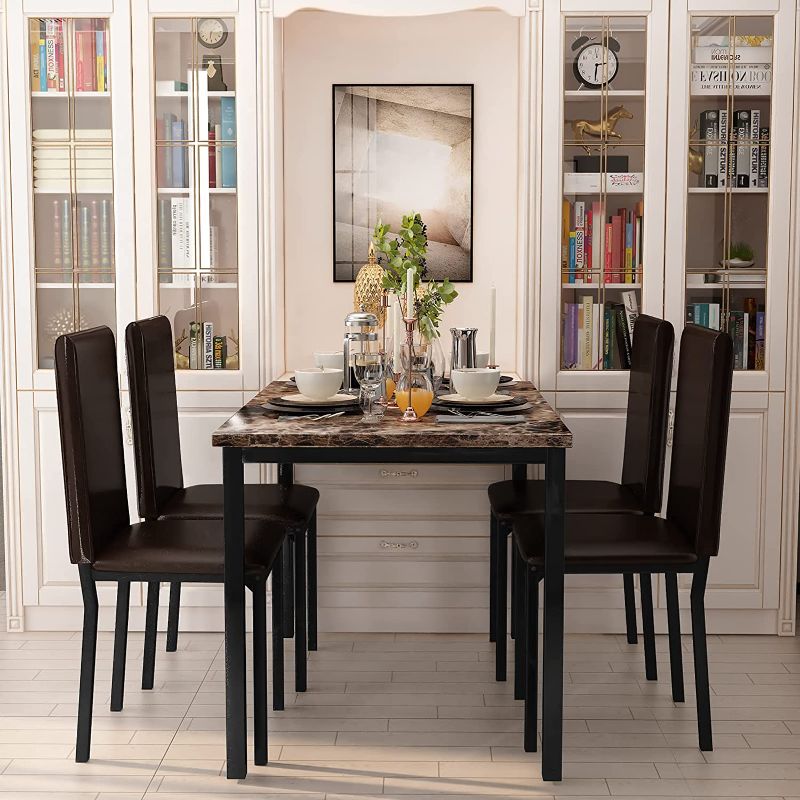 Photo 1 of ***INCOMPLETE***  Lamerge Dinning Table Sets for 4, 5 Piece Dining Room Table Set with PU Leather Chairs,Kitchen Table and Chairs for 4,Faux Marble Dining Set for Small Spaces,Living Room, Black
