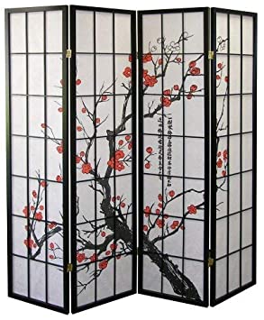 Photo 1 of Roundhill Furniture Black Japanese 4-Panel Screen Room Divider, Plum Blossom
