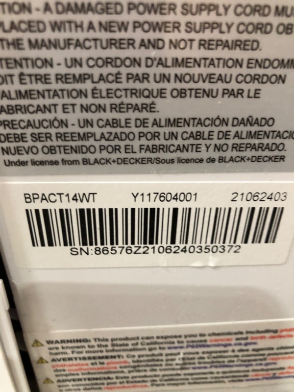 Photo 7 of ***PARTS ONLY*** BLACK+DECKER 8,000 BTU DOE (14,000 BTU ASHRAE) Portable Air Conditioner with Remote Control, White
