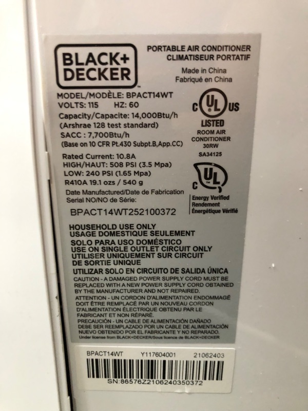 Photo 8 of ***PARTS ONLY*** BLACK+DECKER 8,000 BTU DOE (14,000 BTU ASHRAE) Portable Air Conditioner with Remote Control, White
