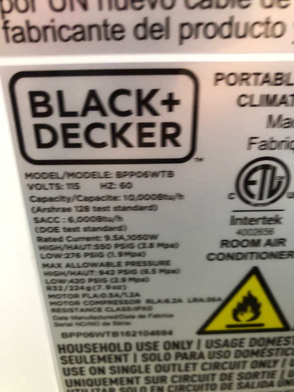 Photo 7 of Black & Decker 6000 Btu Sacc or 10000 Btu Ashrae 128 Portable Air Conditioner
