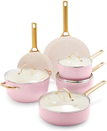 Photo 1 of **ONLY A PAN AND POT INCLUDED**GreenPan Reserve Hard Anodized Healthy Ceramic Nonstick 10 Piece Cookware Pots and Pans Set, Gold Handle, PFAS-Free, Dishwasher Safe, Oven Safe, Blush Pink
