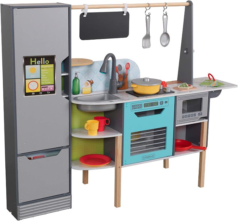 Photo 1 of KidKraft Alexa-Enabled 2-in-1 Wooden Kitchen & Market with Lights and Sounds, Interactive Foods and Games Plus 105 Accessories, Gift for Ages 3+, Amazon Exclusive
