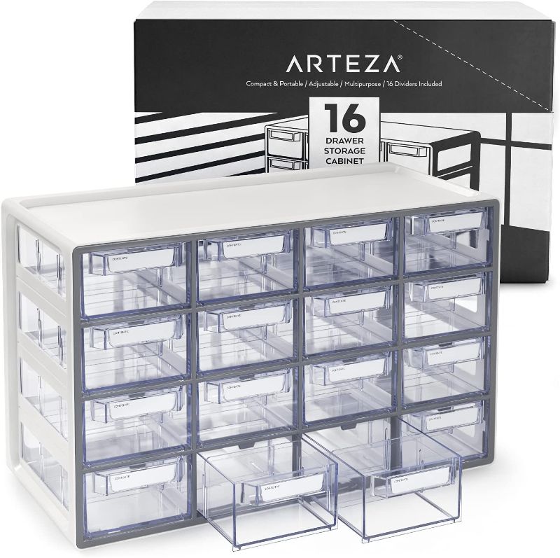 Photo 1 of ARTEZA 16 Drawer Storage Cabinet, 17.7 x 8.2 x 10.9 inches, White, Plastic Drawers? with Stoppers, ?Multi Compartment Organizer for Makeup and Art Supplies
