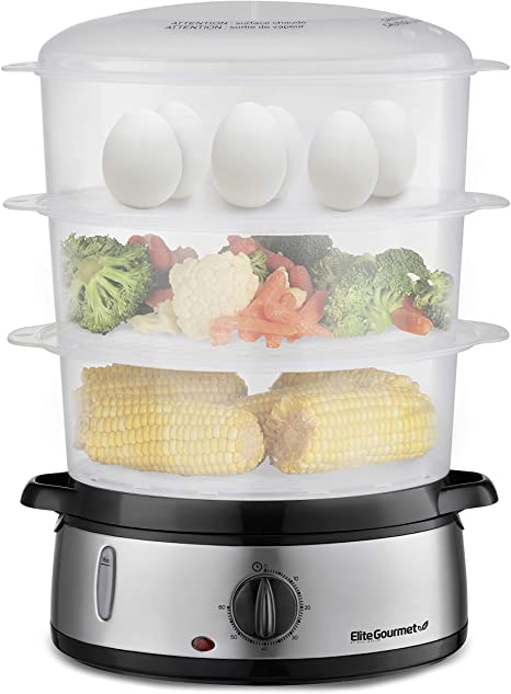 Photo 1 of Elite Gourmet Maxi-Matic Electric Food Vegetable Steamer with BPA-Free 3 Tier Stackable, Nested Basket Trays, Auto Shut-off 60-min Timer, 800W, 9.5 Quart, Stainless Steel, (EST4401#)