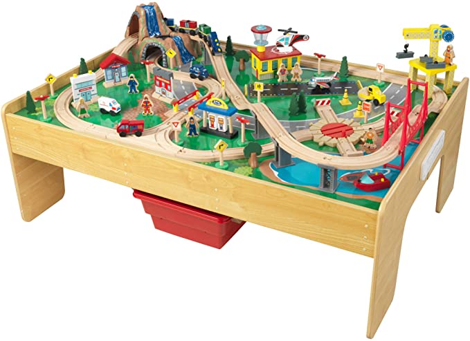 Photo 1 of KidKraft Adventure Town Railway Wooden Train Set & Table with EZ Kraft Assembly with 120 Accessories and Storage Bins, Gift for Ages 3+ 43.5" x 31" x 21.1"
