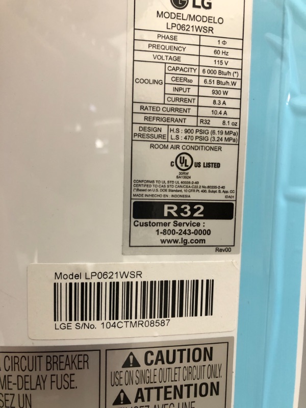 Photo 5 of LG 6,000 BTU (DOE) / 8,000 BTU (ASHRAE) Portable Air Conditioner, Cools 250 Sq.Ft. (10' x 25' room size), Quiet Operation, LCD Remote, Window Installation Kit Included, 115V
