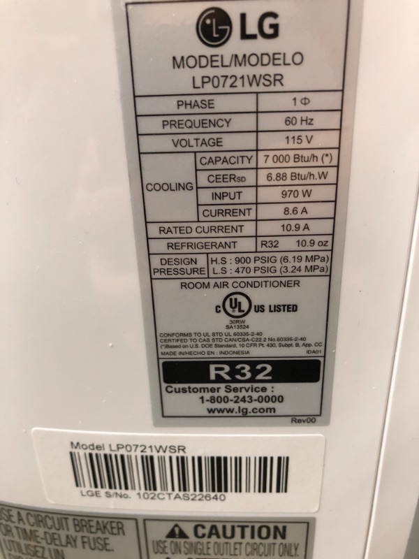 Photo 4 of LG 7,000 BTU (DOE) / 10,000 BTU (ASHRAE) Portable Air Conditioner, Cools 300 Sq.Ft. (12' x 25' room size), Quiet Operation, LCD Remote, Window Installation Kit Included, 115V
