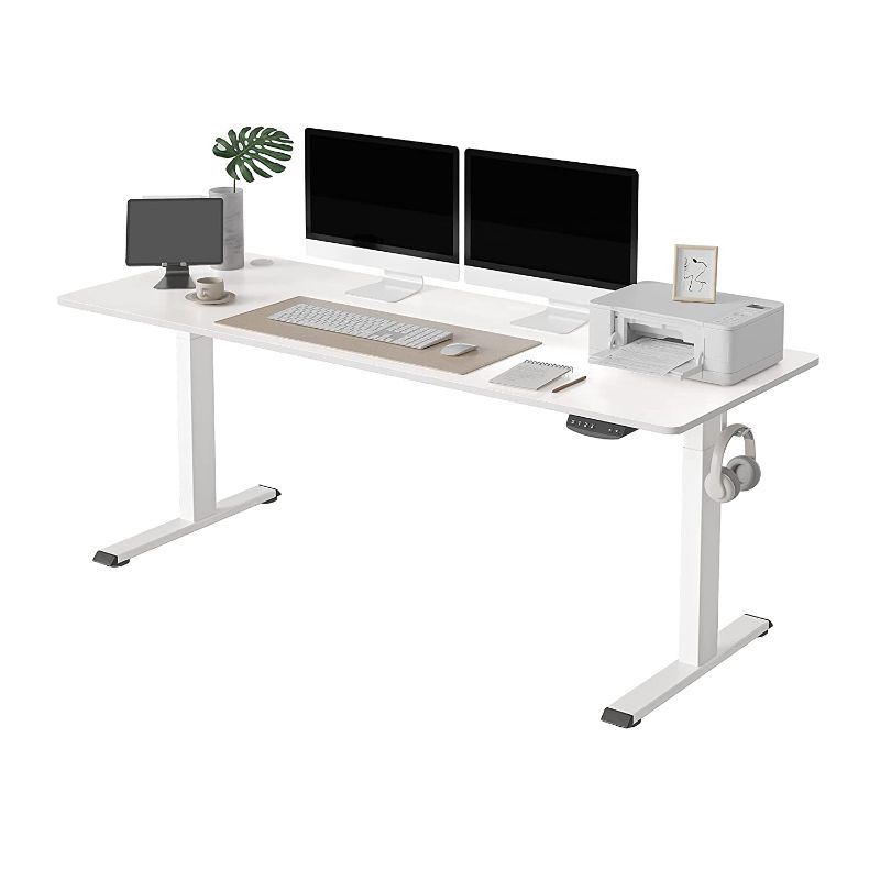 Photo 1 of FEZIBO Height Adjustable Electric Standing Desk, 63 x 24 Inches Stand Up Table, Sit Stand Home Office Desk with Splice Board, White Frame/White Top
