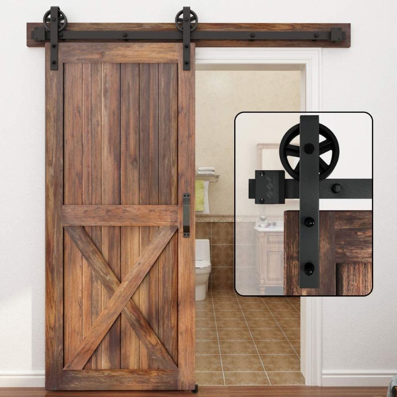 Photo 1 of **UNKNOWN MODEL** WINSOON 5-16FT Single Wood Sliding Barn Door Hardware Basic Black Big Spoke Wheel Roller Kit Garage Closet Carbon Steel Flat Track System (7.5FT)
