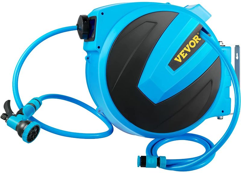 Photo 1 of VEVOR Retractable Hose Reel, 1/2 inch x 100 ft, Any Length Lock & Automatic Rewind Water Hose, Wall Mounted Garden Hose Reel w/ 180° Swivel Bracket and 8 Pattern Hose Nozzle, Blue
