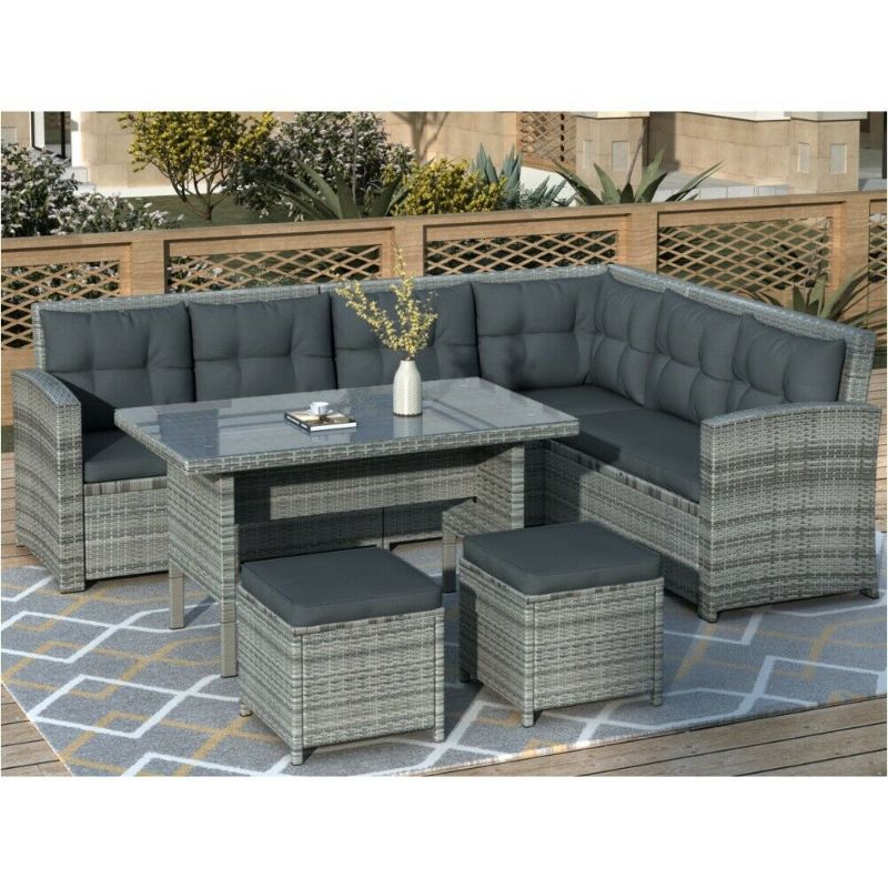 Photo 1 of **BOX 3/4 ONLY** 6pc Patio Furniture Outdoor Sectional Sofa w/ Glass Table Ottomans (Gray)
