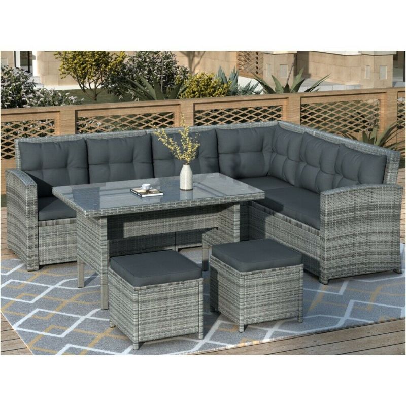 Photo 1 of **BOX 3/4** 6pc Patio Furniture Outdoor Sectional Sofa w/ Glass Table Ottomans (Gray)
