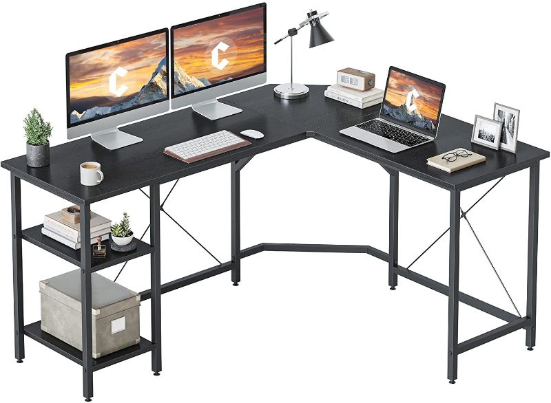 Photo 1 of CubiCubi L Shaped Desk with Shelves, 59.1 Inch Reversible Corner Computer Desk for Home Office with Large Storage Shelves, Easy to Assemble, Black