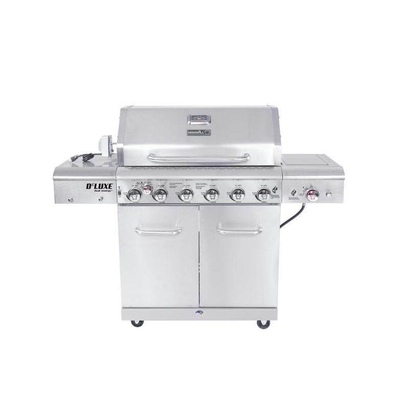 Photo 1 of Nexgrill 6-Burner Propane Gas Grill in Stainless Steel with Ceramic Searing Side Burner and Rotisserie Kit, Silver
