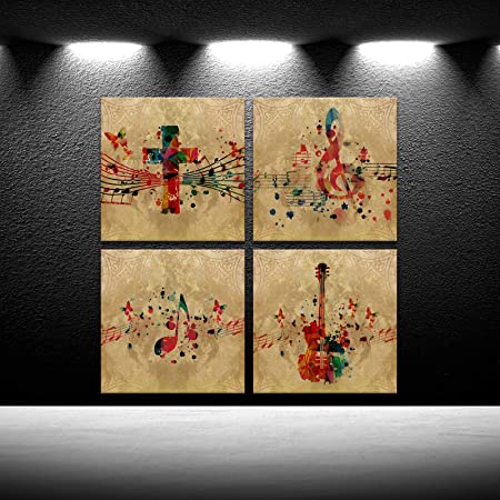Photo 1 of 4 Pieces Music Canvas Wall Art Guitar Phonograph and Music Notes Painting Prints Vintage Style Gift for Music Lovers Wall Decor for Living Room Bedroom Home decor Framed 12x12inchx4pcs
