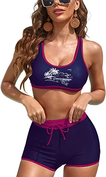 Photo 1 of LECAPO Women Sport Bikini Athletic Two Piece High Waisted Swimsuits Racerback Cutout Swimwear with Boyshort Bathing Suit- M