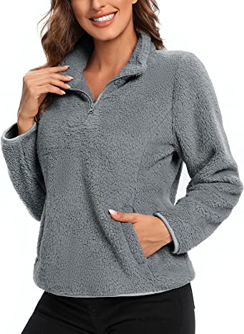 Photo 1 of Women Fuzzy Pullover Sweater Quarter Zip Sherpa Fleece Sweatshirt Winter Thermal Outwear Warm with Pockets Grey- M/L