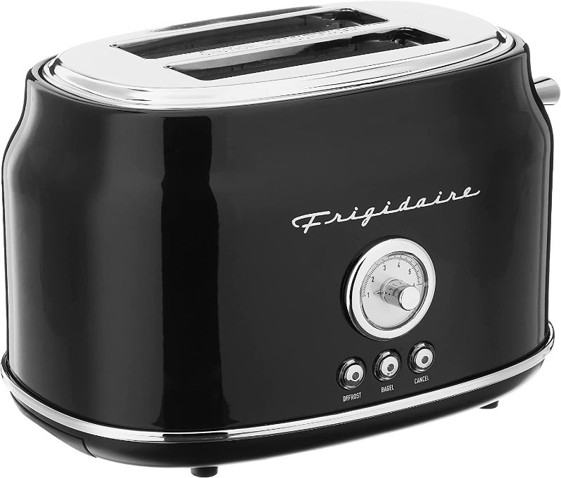 Photo 1 of Frigidaire ETO102-BLACK, 2 Slice Toaster, Retro Style, Wide Slot for Bread, English Muffins, Croissants, and Bagels, 5 Adjustable Toast Settings, Cancel and Defrost, 900w, Black
