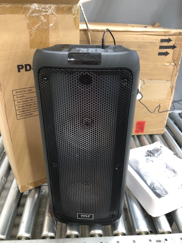 Photo 2 of Portable Bluetooth PA Speaker System - 600W Dual 8” Rechargeable Outdoor BT Speaker - TWS, Party Lights, LED Display, FM/AUX/MP3/USB/SD, ¼ in, Wheels - Wireless Mic, Remote Control - Pyle PDJ28WM
