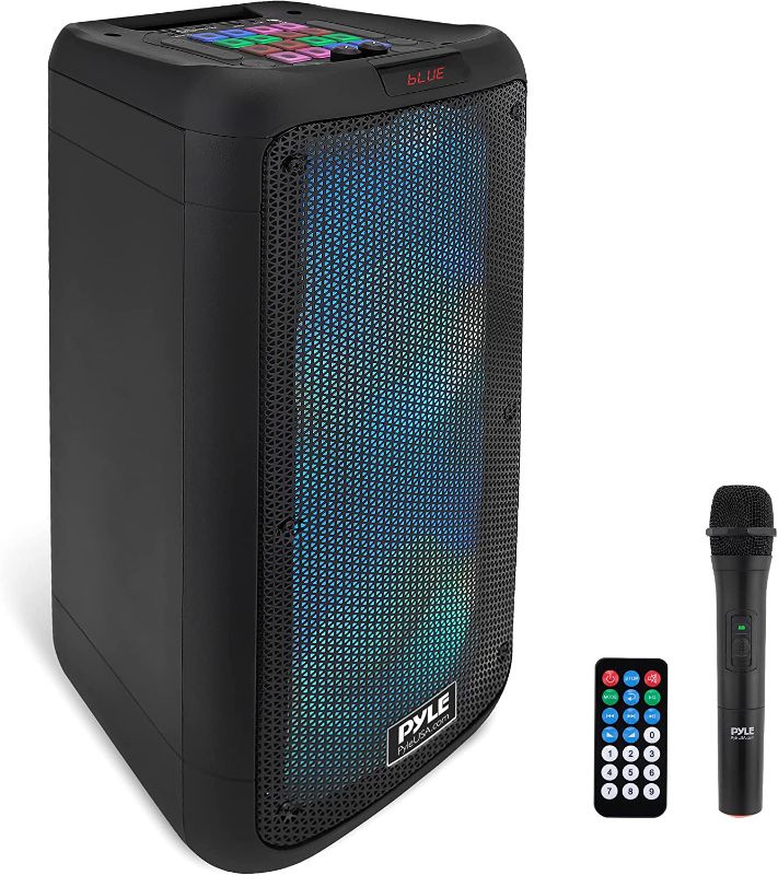 Photo 1 of Portable Bluetooth PA Speaker System - 600W Dual 8” Rechargeable Outdoor BT Speaker - TWS, Party Lights, LED Display, FM/AUX/MP3/USB/SD, ¼ in, Wheels - Wireless Mic, Remote Control - Pyle PDJ28WM
