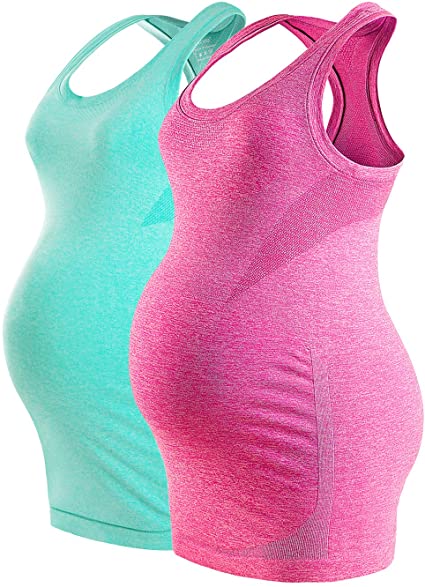 Photo 1 of LWJ 1982 Maternity Active Workout Tank Tops Clothes for Prenatal Women Seamless Racerback Sleeveless 2Pack SIZE MEDIUM
