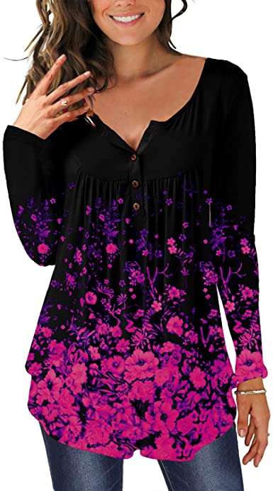 Photo 1 of GSFANG Women's Floral Tunic Tops Casual Long Sleeve Henley V-Neck Buttons Shirt Loose Fit Blouse Tops- SIZE XL 