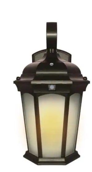 Photo 1 of 2-Light 14.6 in Bronze Motion Sensing Integrated LED Outdoor Wall Lantern Sconce with Flickering Bulb/Dusk-to-Dawn
